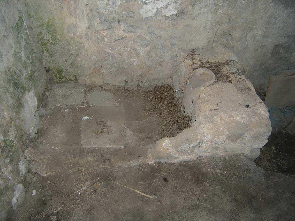 I.14.2 Pompeii. July 2008. Room J, latrine in north-east corner. Photo courtesy of Guilhem Chapelin. 
According to Hobson,
This latrine takes a little understanding. Here an amphora has been built into the space between the pedestals.
The tiled floor slopes towards a small opening at the base of the amphora. 
Was this done to reduce the contamination of the tiles and so that less water would be required to cleanse them ?
See Hobson, B., 2009. Latrinae et foricae: Toilets in the Roman World. London; Duckworth. (p.53, fig.70).

