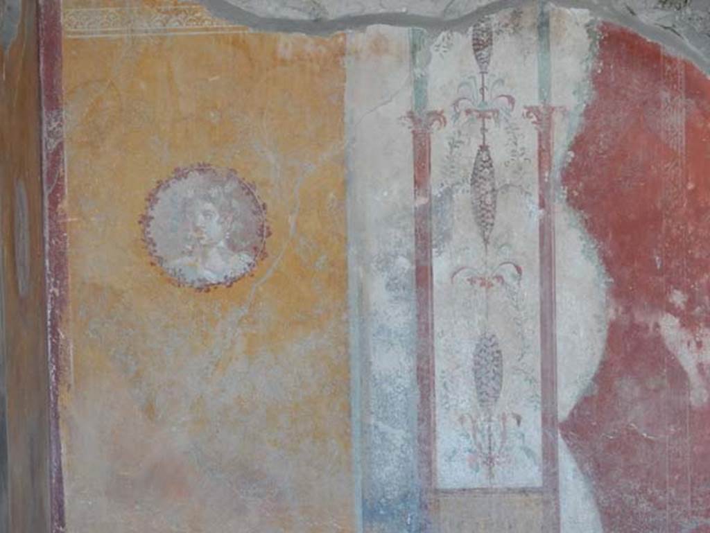I.14.12, Pompeii. December 2018. Room 34, detail of medallion on east wall at south end. 
Photo courtesy of Aude Durand.

