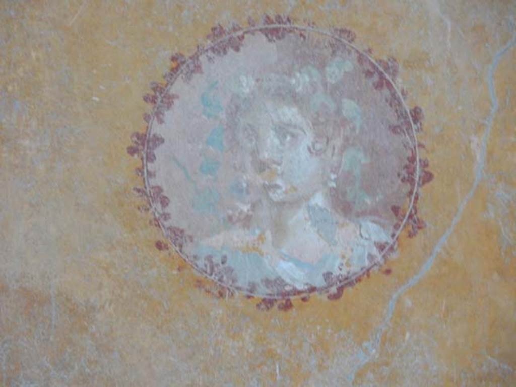 I.14.12, Pompeii. May 2018. Room 34, detail of painted decoration in upper south-east corner.
Photo courtesy of Buzz Ferebee.
