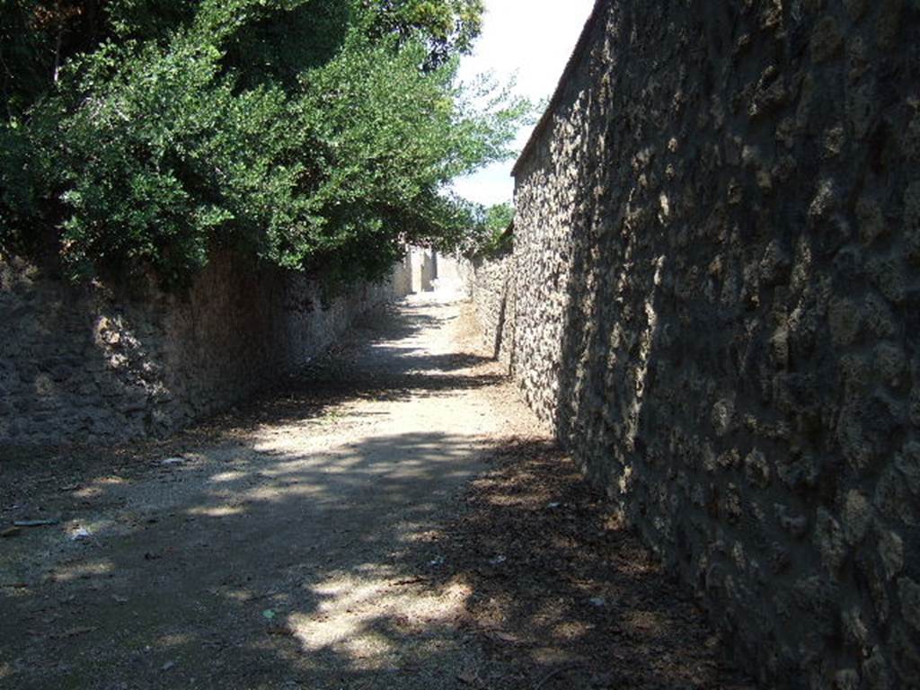 I.17 Pompeii. September 2005. Roadway looking north.   Side wall of  I.16.5