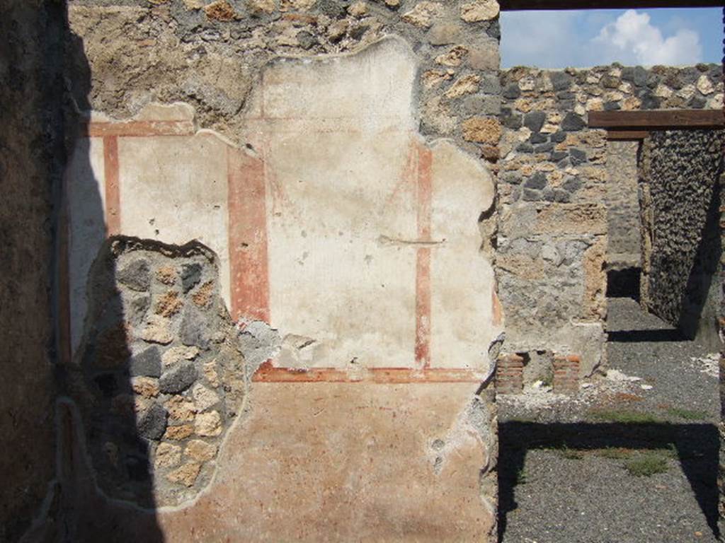 I.21.5 Pompeii. September 2005. North wall of tablinum, with remains of painted plaster. Looking north through doorway, into atrium, and north towards entrance doorway.
