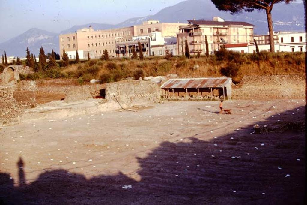 I.21.6 Pompeii. 1974. Looking south-east across site. The root cavities are now covered with painted white discs, to make them easier to see from the balloon, photographing from the air. Photo by Stanley A. Jashemski.   
Source: The Wilhelmina and Stanley A. Jashemski archive in the University of Maryland Library, Special Collections (See collection page) and made available under the Creative Commons Attribution-Non Commercial License v.4. See Licence and use details. J74f0695
