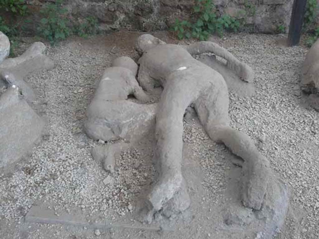 I.21.6 Pompeii. May 2010. Detail of plaster casts of impressions of two bodies.