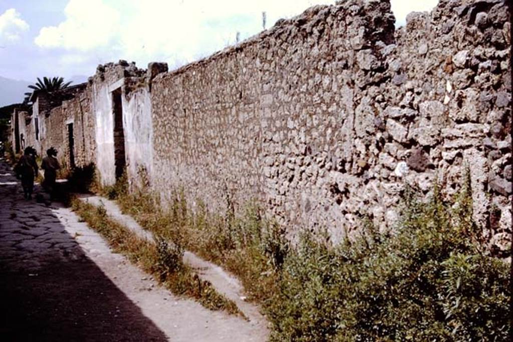 II.1.10 Pompeii. 1964. Looking north along the exterior wall towards the entrance doorway.
Photo by Stanley A. Jashemski.
Source: The Wilhelmina and Stanley A. Jashemski archive in the University of Maryland Library, Special Collections (See collection page) and made available under the Creative Commons Attribution-Non Commercial License v.4. See Licence and use details.
J64f1367
On the south side of doorway, according to Varone and Stefani, an inscription was seen, but no longer preserved. It read –
C . GAVIVM . RVFVM AED OVF GRANIVS ROG.   (CIL IV 9883)
See Varone, A. and Stefani, G., 2009. Titulorum Pictorum Pompeianorum, Rome: L’erma di Bretschneider. (p.184)

According to Epigraphik-Datenbank Clauss/Slaby (See www.manfredclauss.de), it read

C(aium) Gavium Rufum Aed(ilem) O(ro) V(os) F(acciatis) Ganius Rog(at)    (CIL IV 9883)
