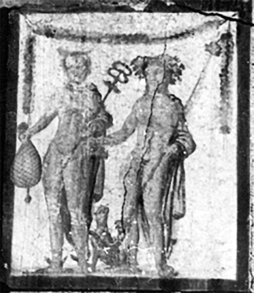 II.1.12 Pompeii. Detail from old undated photograph. 
Painting of Bacchus and Mercury from pilaster on south side of entrance façade.
