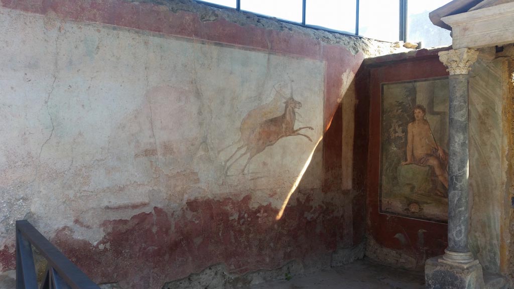 II.2.2 Pompeii. 2016/2017. 
Room “i”, large hunting scene on east end of north wall in north-east corner. Photo courtesy of Giuseppe Ciaramella.
