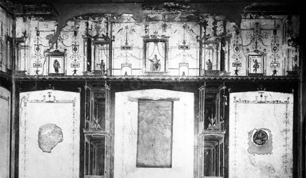 II.2.2 Pompeii. W.393. Room “f”, west wall.
According to Bragantini, on the right can be seen a medallion of a maenad with a glass cup.
See Bragantini, de Vos, Badoni, 1981. Pitture e Pavimenti di Pompei, Parte 1. Rome: ICCD. (p.216)
Photo by Tatiana Warscher. With kind permission of DAI Rome, whose copyright it remains. 
