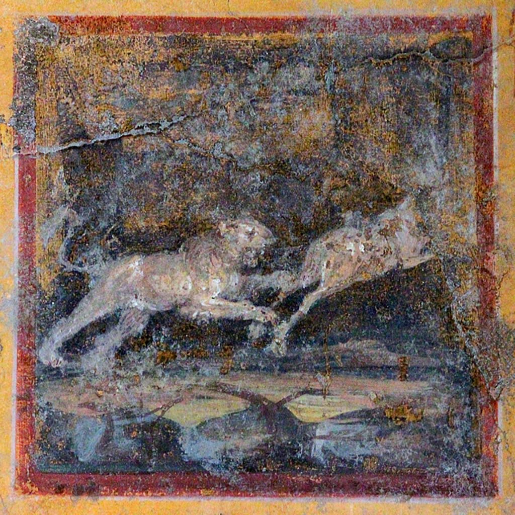 II. 2. 2 Pompeii. April 2016. Room “e”, painted central panel on west wall. Photo courtesy of Davide Peluso.