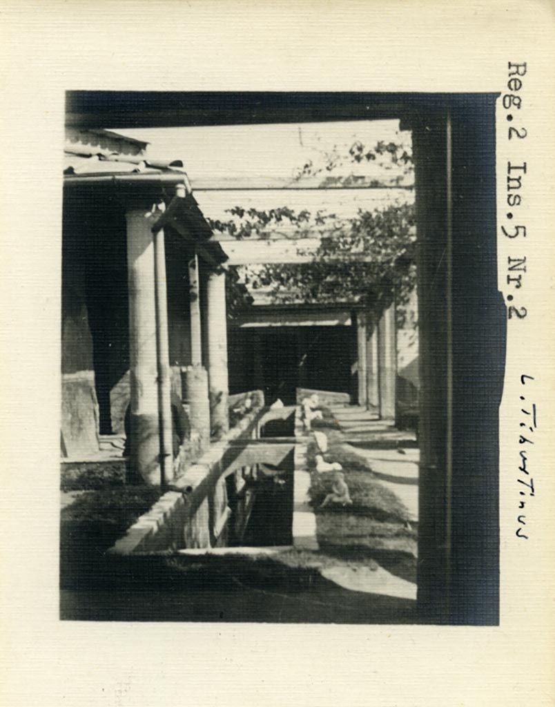 II.2.2 Pompeii. Mary 2016. Room “l”, garden. 
Lower level of nymphaeum with white statuette of a cupid with a mask found above the steps in 1920.
Photo courtesy of Buzz Ferebee. 
