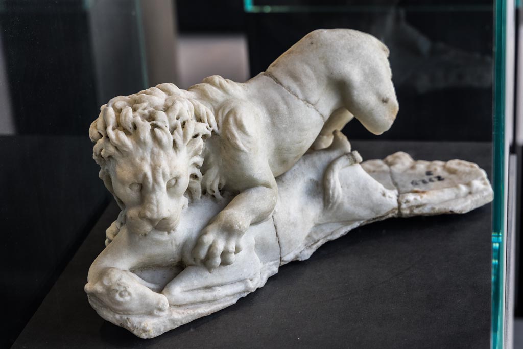 II.2.2 Pompeii. January 2023. 
Room “i”, white statuette of a lion found on the north side of the upper euripus in the garden. 
On display in exhibition in Palaestra.  Photo courtesy of Johannes Eber
