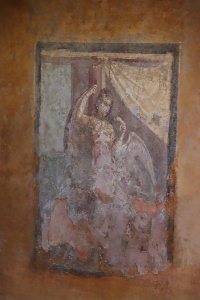 II.3.3 Pompeii. October 2023. 
Room 12, central painting of Leda and the Swan from north wall of cubiculum. Photo courtesy of Klaus Heese.
