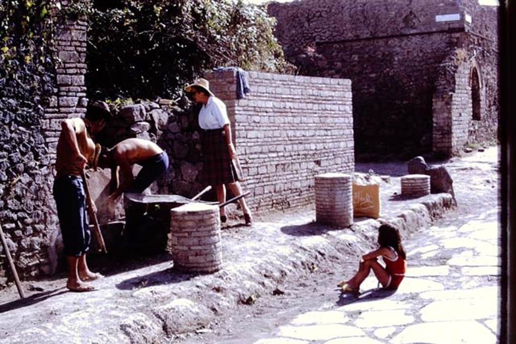 II.5.1 Pompeii. 1972. Wilhelmina supervising the work, watched by a young future worker. Photo by Stanley A. Jashemski. 
Source: The Wilhelmina and Stanley A. Jashemski archive in the University of Maryland Library, Special Collections (See collection page) and made available under the Creative Commons Attribution-Non Commercial License v.4. See Licence and use details. J72f0539
