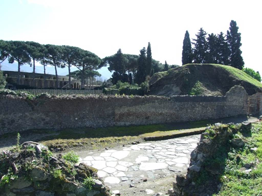 II.5.3 Pompeii.  March 2009.  Looking south towards wall on Via dell’Abbondanza, and blocked doorway of II.5.4 in wall.