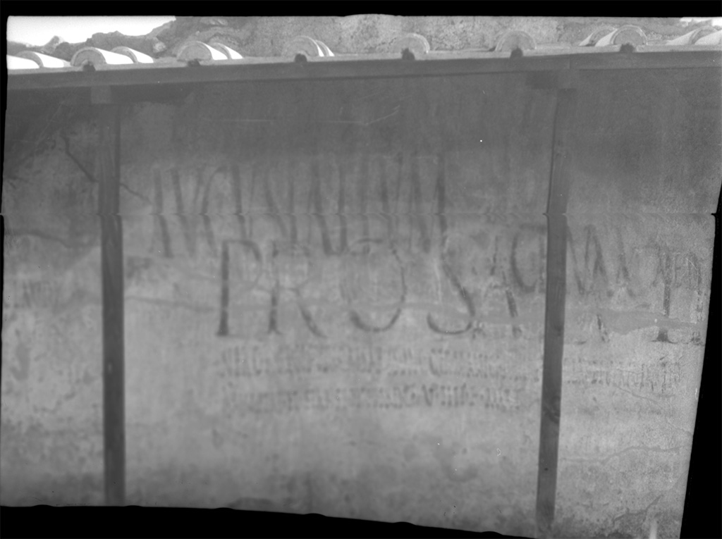II.7.7 Pompeii. Palaestra. 1939. North wall which contained inscriptions CIL IV 7988, CIL IV 7989 and CIL IV 7588, no longer conserved.
DAIR 39.939. Photo © Deutsches Archäologisches Institut, Abteilung Rom, Arkiv.
See Varone, A. and Stefani, G., 2009. Titulorum Pictorum Pompeianorum, Rome: L’erma di Bretschneider. (p.222-3)
According to Epigraphik-Datenbank Clauss/Slaby (See www.manfredclauss.de) these read

]ium / [3]io      [CIL 04, 07988a]

[Pro salute Neron]is / [3] Pompeis pr(idie) Non(as) et Non(is) Iun(iis) // Claudi[o Vero feliciter(?)]      [CIL 04, 07988b-c]

Augustalium      [CIL 04, 07988d]

Flora(lia?)      [CIL 04, 07988e]

Pro salute / Neronis Claudi Caesaris Aug(usti) Germanici Pompeis Ti(beri) Claudi Veri venatio / athletae et sparsiones erint V IIII K(alendas) Mart(ias) CCCLXXIII // Claudio Vero felic(iter)     [CIL 04, 07989a]

Celer lorarius Maio delibat / Maio principi coloniae felic(iter)      [CIL 04, 07989b]

Polybium aed(ilem) o(ro) v(os) f(aciatis)      [CIL 04, 07588]

