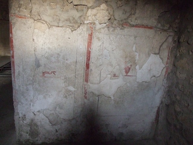 II.9.3 Pompeii. December 2007. 
Room 11, looking towards east wall in south-east corner, with paintings of urn and sea creature.
