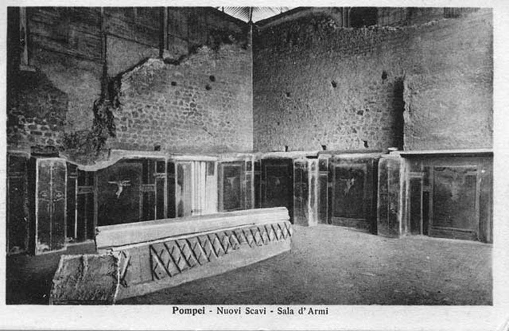 III.3.6 Pompeii. Old postcard c.1920. North and east walls. On the floor can be seen a plaster cast of the impression of the doorway gate that led into the entrance room.