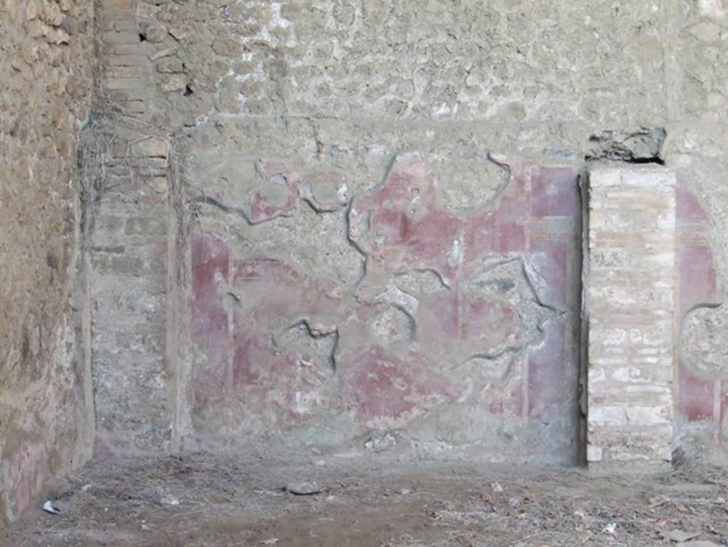 III.3.6 Pompeii.  Schola Armaturarum Iuventutis Pompeianae.  December 2007.  Brick pillars and painted plaster on west end of North wall.