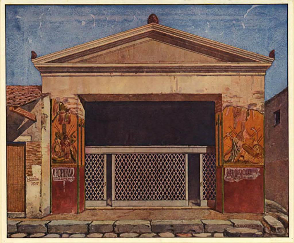 III.3.6 Pompeii. Old postcard, c. 1916? During excavation? 
Looking into Schola Armaturarum with cast of shutters in centre.
