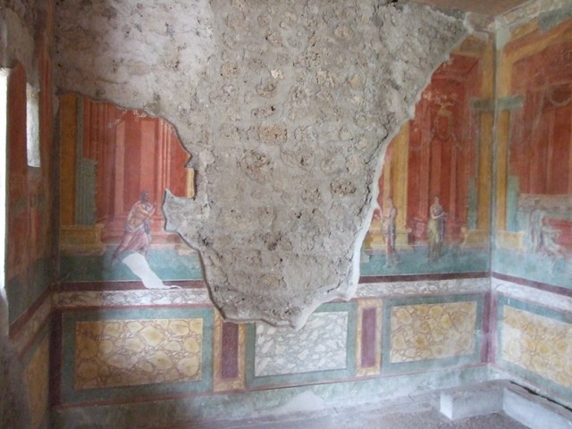 III.4.b Pompeii. March 2009. Room 3, west wall of oecus with wall painting of a running man.