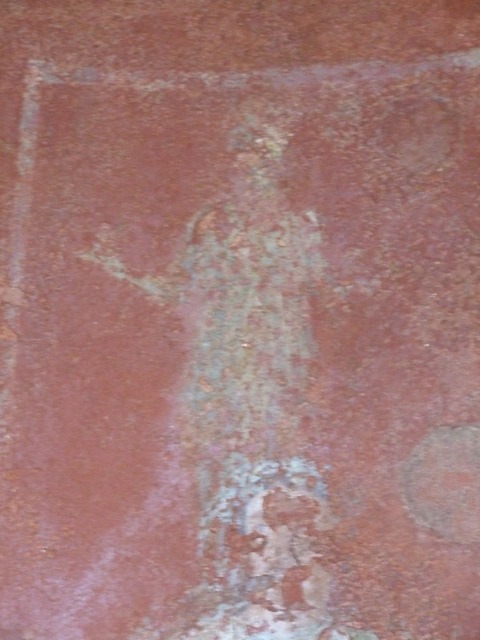 III.4.b. Pompeii.  March 2009. Room 3.  Oecus.  North wall. Detail of Iphigenia, her attendants and statue of Artemis.