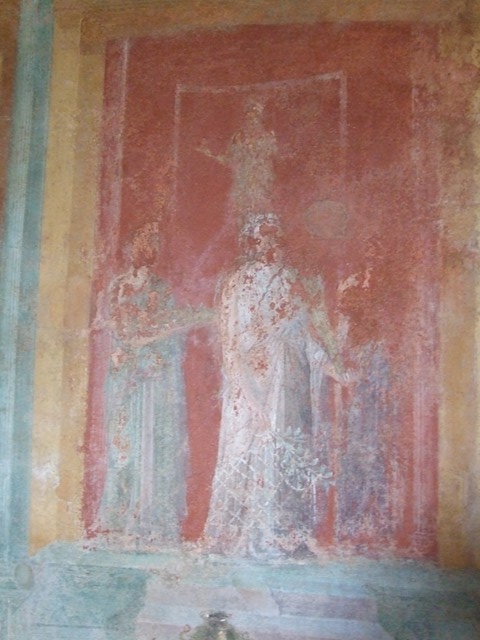 III.4.b. Pompeii.  March 2009. Room 3.  Oecus.  North wall.  Detail of Faded remains of Iphigenia and her attendants.