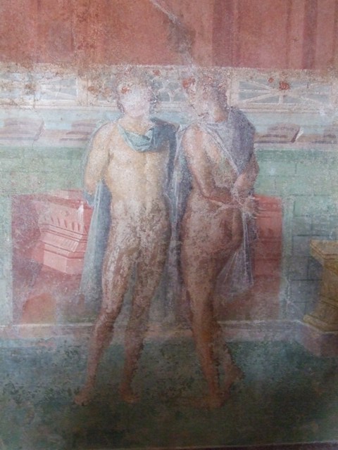 III.4.b Pompeii. March 2009. Room 3, east wall of oecus with wall painting of drama of Attis.