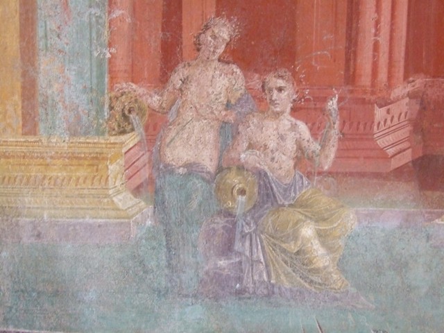 III.4.b Pompeii. 1968. Room 3, east wall of oecus. 
Detail of wall painting of two figures in conversation.
One possibly may be the river god Sangarius, father of Sangaritide.
Photo by Stanley A. Jashemski.
Source: The Wilhelmina and Stanley A. Jashemski archive in the University of Maryland Library, Special Collections (See collection page) and made available under the Creative Commons Attribution-Non Commercial License v.4. See Licence and use details.
J68f0342
