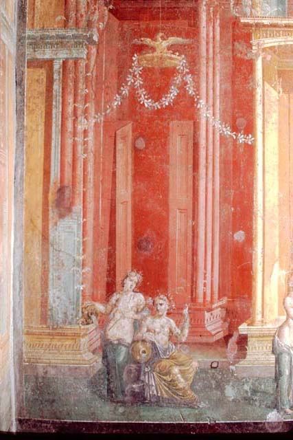 III.4.b Pompeii. 1968. Room 3, east wall of oecus. Detail of wall painting of two figures in conversation.
Photo by Stanley A. Jashemski.
Source: The Wilhelmina and Stanley A. Jashemski archive in the University of Maryland Library, Special Collections (See collection page) and made available under the Creative Commons Attribution-Non Commercial License v.4. See Licence and use details.
J68f0341
