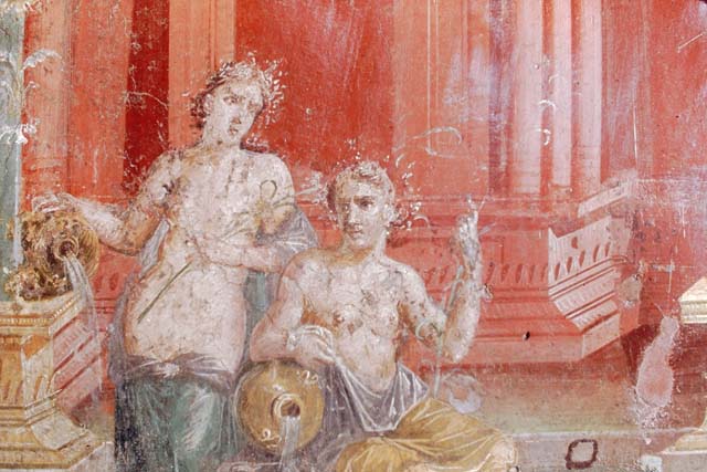 III.4.b. Pompeii.  March 2009. Room 3.  Oecus.  East wall.    Detail of wall painting of Sangaritide, the nymph. 