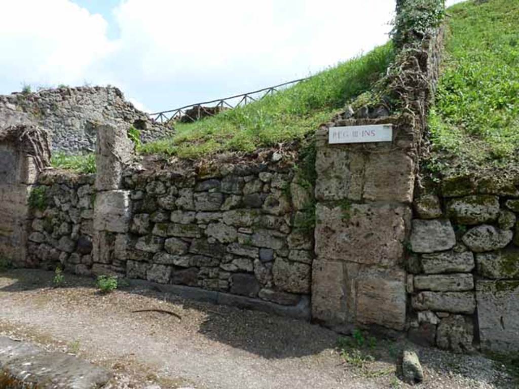 III.8.1 Pompeii. May 2010.  Blocked entrance on Via di Nola, next to a blocked unexcavated roadway, leading south.