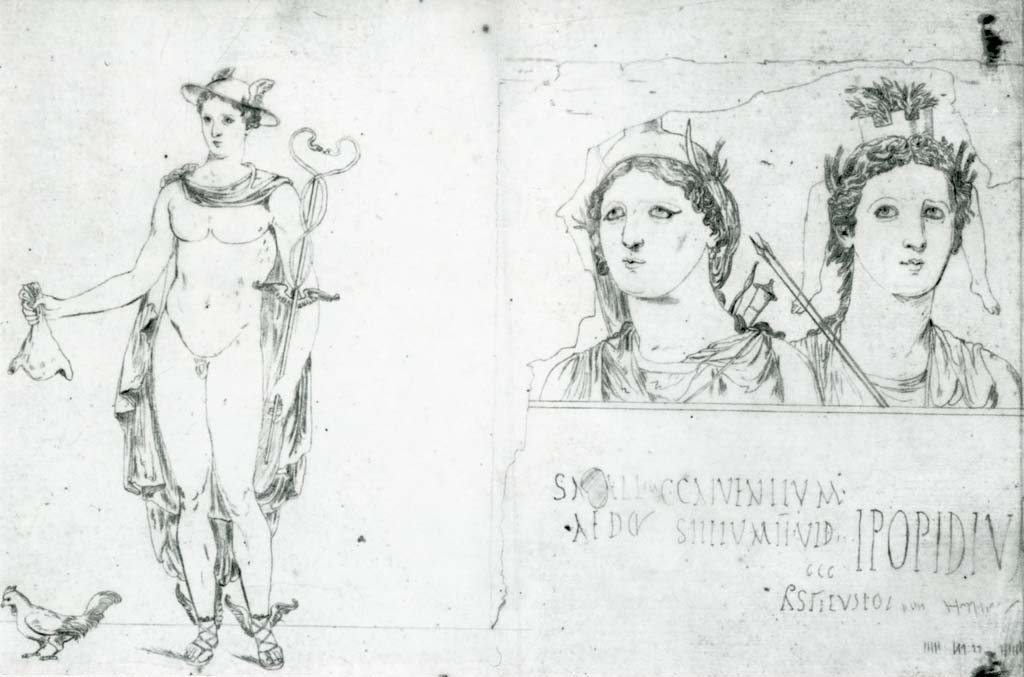 III.8.8 Pompeii, (also known as III.9.a). Drawing by G. Abbate, 1841, of two figures.
Now in Archivio Cantonale di Bellinzona inv. B12.1.219.
Foto Taylor Lauritsen, ERC Grant 681269 DÉCOR.


