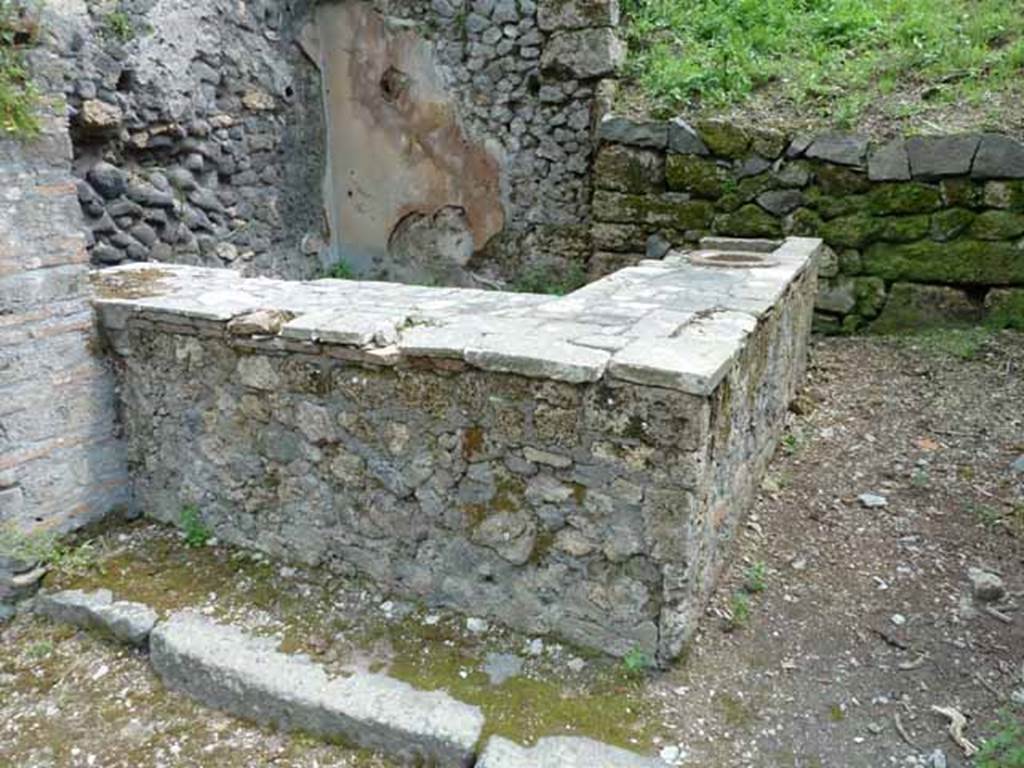 III.8.8 Pompeii. May 2010. Entrance with two sided counter. According to Sogliano, the threshold was made from three pieces of lava stone. The groove for the shutters was seen in the front of the podium or counter. At the end of the podium was the real entrance, the threshold was flat, and not grooved, to allow free movement of the door shutter.
The shutter ran on a hinge which was embedded in the frame.  The podium or sales counter was formed from fragments of different species of coloured marbles. Facing the road was an embedded fragment of a slab of white marble. On it was discovered the face of a maenad, chipped in the nose and chin, but of good execution. See Notizie degli Scavi di Antichità, 1905, (p.274). At the rear of the bar-room there was an entrance to the atrium of III.8.7 (now blocked).