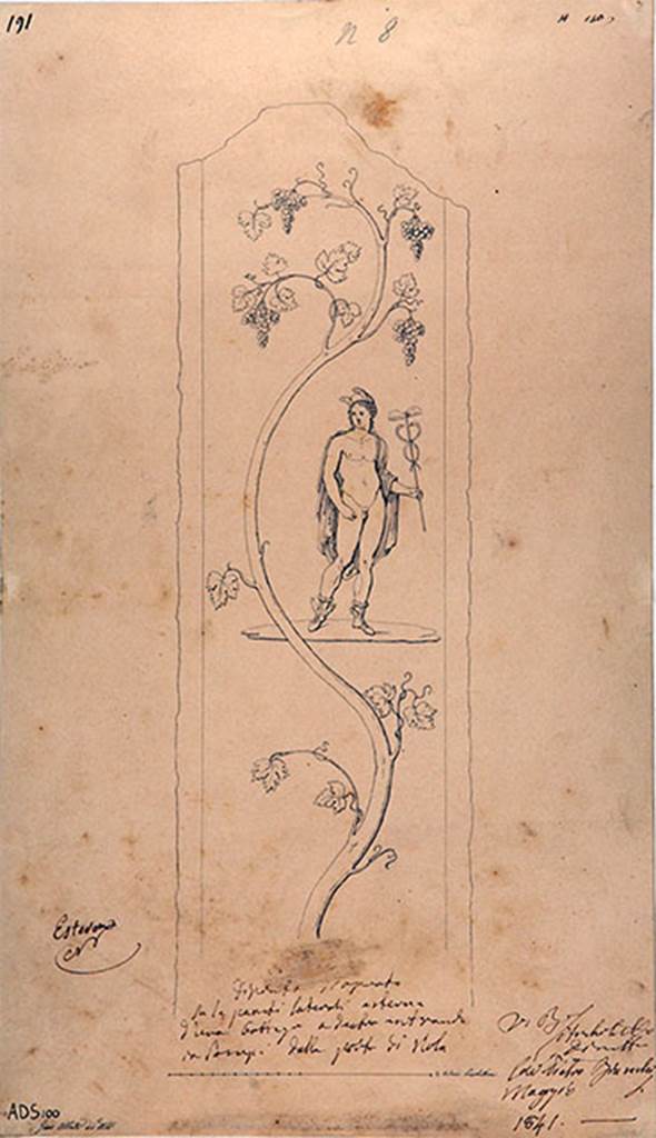 IV.1.d and IV.1.e Pompeii behind custodians shed. 1841 drawing by G. Abbate.
Drawing of painting of Mercury with petasos (hat) and winged sandals, and holding a caduceus. 
A vine runs from bottom to top of the panel.
Fröhlich identified Mercury on the left of the entrance and Bacchus on the right of the entrance.
Now in Naples Archaeological Museum. Inventory number ADS 100.
See Fröhlich, T., 1991. Lararien und Fassadenbilder in den Vesuvstädten. Mainz: von Zabern. (p.316, F26).
Photo © ICCD. http://www.catalogo.beniculturali.it
Utilizzabili alle condizioni della licenza Attribuzione - Non commerciale - Condividi allo stesso modo 2.5 Italia (CC BY-NC-SA 2.5 IT)

