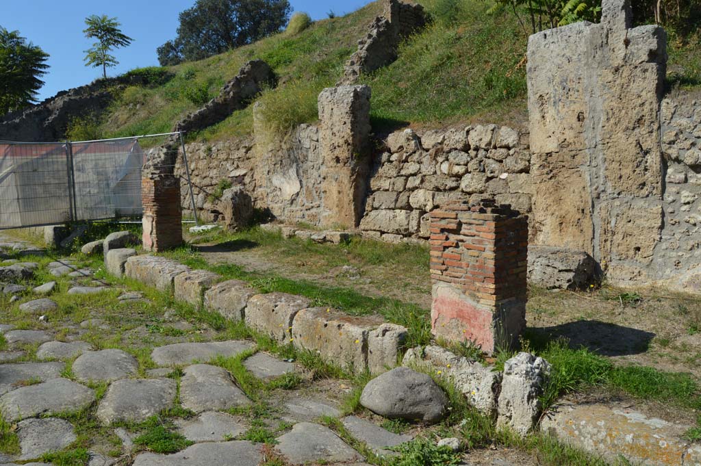 IV.2.a, Pompeii. October 2017. Looking north-west along Via di Nola and portico with pilasters, from east end.
The visible upper side walls, centre left, would be on either side of the unexcavated roadway between IV.1 and IV.2.
Foto Taylor Lauritsen, ERC Grant 681269 DÉCOR.
