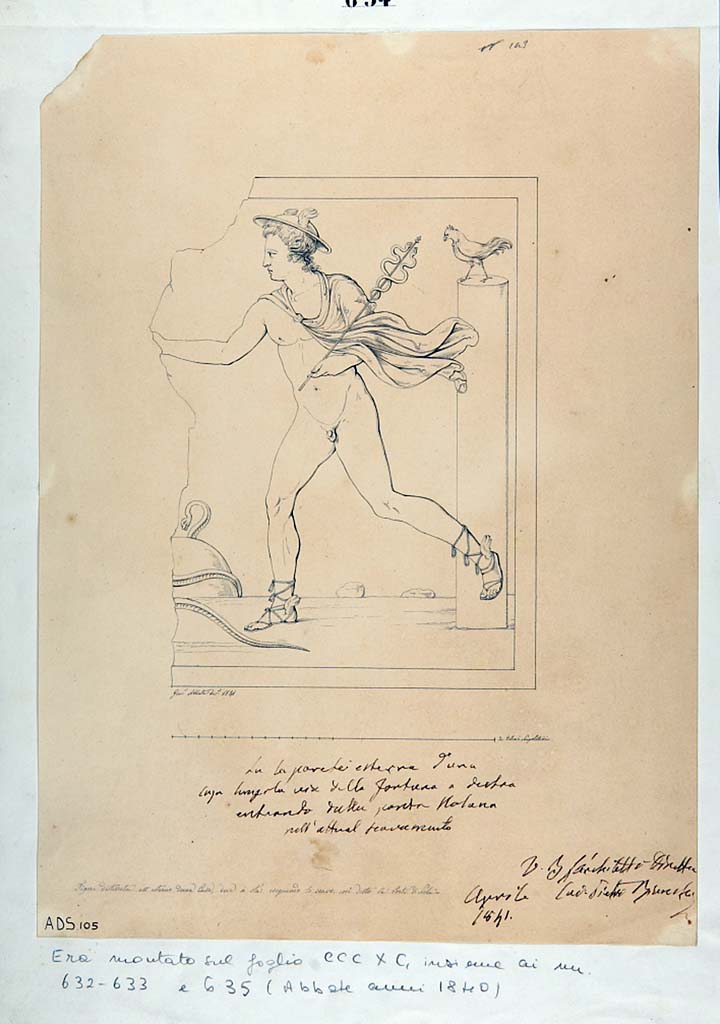 IV.2.a Pompeii. 1841 drawing by G. Abbate of lararium painting by entrance.
According to Liselotte Eschebach, there was a Lararium painting here.
She suggested this may possibly be F28 identified by Fröhlich as from Regio IV.
This was a painting of Mercury running to the left, naked, wearing cloak, petasos (hat) and winged sandals.
In his left he had a caduceus and in his right a marsupium.
In front of the god was an omphalos with a serpent winding around it. 
On the right was a high round pillar with a cockerel on top of it. 
Now in Naples Archaeological Museum. Inventory number ADS 105.
See Fröhlich, T., 1991. Lararien und Fassadenbilder in den Vesuvstädten. Mainz: von Zabern. (p.316, F28).
See Eschebach, L., 1993. Gebäudeverzeichnis und Stadtplan der antiken Stadt Pompeji. Köln: Böhlau. (p.116, IV.2.1).
Photo © ICCD. http://www.catalogo.beniculturali.it
Utilizzabili alle condizioni della licenza Attribuzione - Non commerciale - Condividi allo stesso modo 2.5 Italia (CC BY-NC-SA 2.5 IT)
