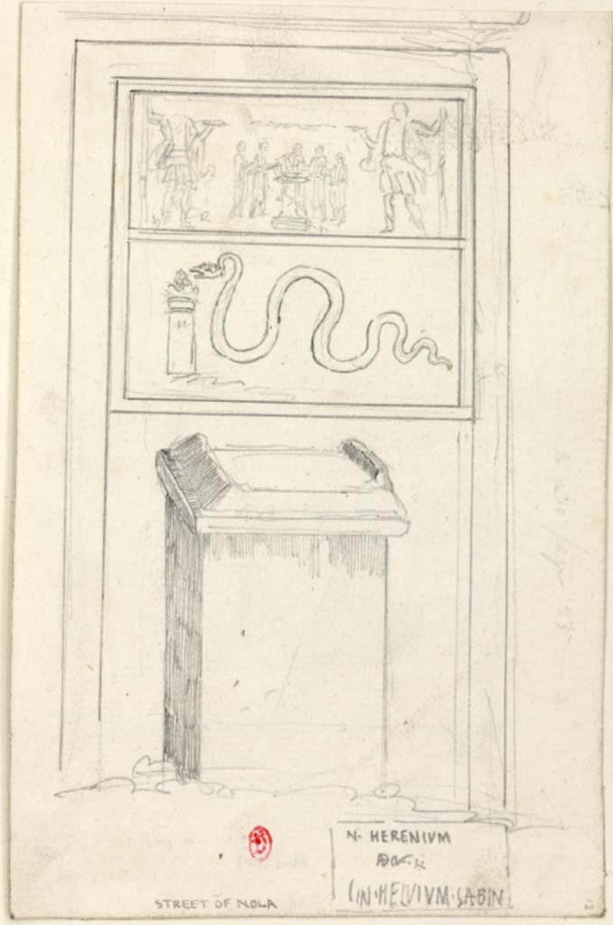 IV.4.g Pompeii. c.1819 sketch by W. Gell of street shrine and lararium found on the street of Nola, between IV.4.f and IV.4.g.
See Gell W & Gandy, J.P: Pompeii published 1819 [Dessins publiés dans l'ouvrage de Sir William Gell et John P. Gandy, Pompeiana: the topography, edifices and ornaments of Pompei, 1817-1819], p. 65, 110/158.
See book in Bibliothèque de l'Institut National d'Histoire de l'Art [France], collections Jacques Doucet Gell Dessins 1817-1819
Use Etalab Open Licence ou Etalab Licence Ouverte
