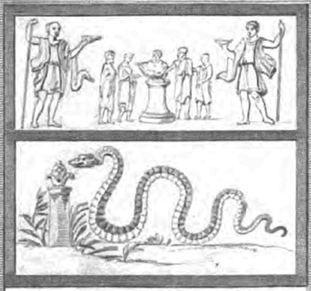 IV.4.g Pompeii. Drawing of the painting found above a street shrine between IV.4.f and IV.4.g.
In the middle was a round altar with five small figures in long white tunics. 
In the centre behind the altar is a tibicen. 
On either side are pairs of Vicomagistri with right arms outstretched to the altar.  
Two large Lares flank the scene. 
In the lower zone was a serpent approaching from the left to an altar with eggs and fruit on it.
See Fröhlich, T., 1991. Lararien und Fassadenbilder in den Vesuvstädten. Mainz: von Zabern. (p.315, F24)
See Gell, W. and Gandy, J., 1852. Pompeiana: Third Edition. London: Bohn. (p. 97, Pl. 18).

