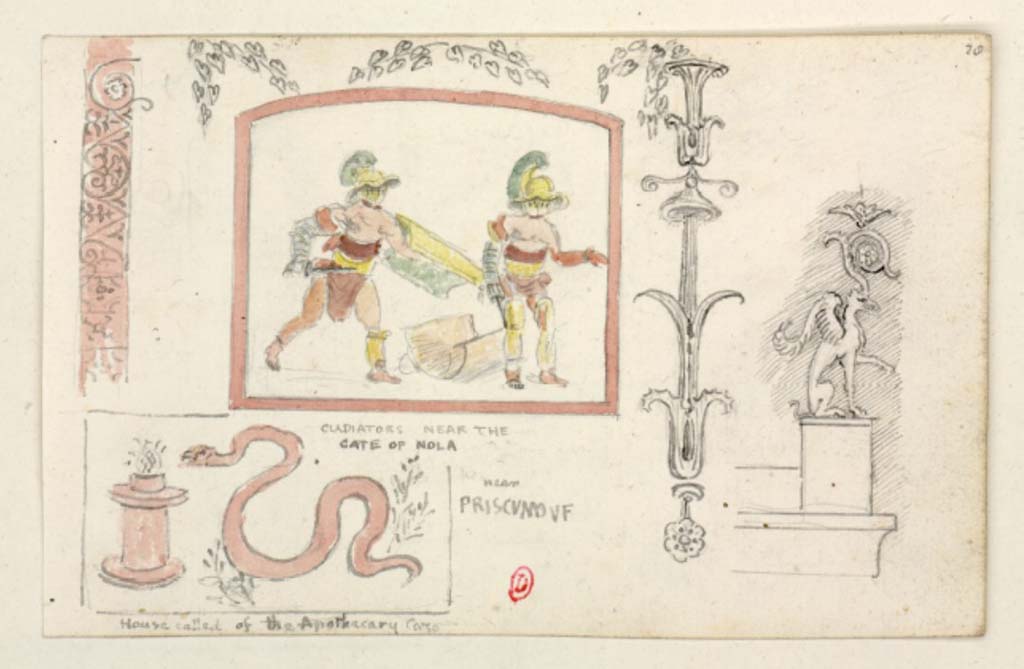 Gladiators near the Nola Gate, c.1819 sketch by William Gell, from an unknown wall.
See Gell W & Gandy, J.P: Pompeii published 1819 [Dessins publiés dans l'ouvrage de Sir William Gell et John P. Gandy, Pompeiana: the topography, edifices and ornaments of Pompei, 1817-1819], p. 128/158.
See book in Bibliothèque de l'Institut National d'Histoire de l'Art [France], collections Jacques Doucet Gell Dessins 1817-1819
Use Etalab Open Licence ou Etalab Licence Ouverte
(Note: according to Jacobelli (see drawing by Morelli in Fig.64 on page 76), this painting on a wall may have been seen in VII.4.26.
However, beneath the Morelli painting is written “Alla porta settentrionale di Pompei in Atrio non lungi dalla medesima”.
(“At the northern gate of Pompeii in an atrium not far from the same”), which would seem to indicate a room not far from the Herculaneum Gate or in Insula Occidentalis.)
See Jacobelli, L., 2003. Gladiators at Pompeii. Rome: L’Erma di Bretschneider. (p.76).

