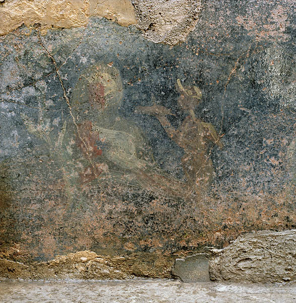 V.1.18 Pompeii. Triclinium “m”, 1882 painting of wall decoration.
Room at end of corridor leading north from peristyle.
See Presuhn E., 1882. Pompeji: Die Neuesten Ausgrabungen  von 1874 bis 1881. Leipzig: Weigel. Abtheilung II, Taf IV, left.
