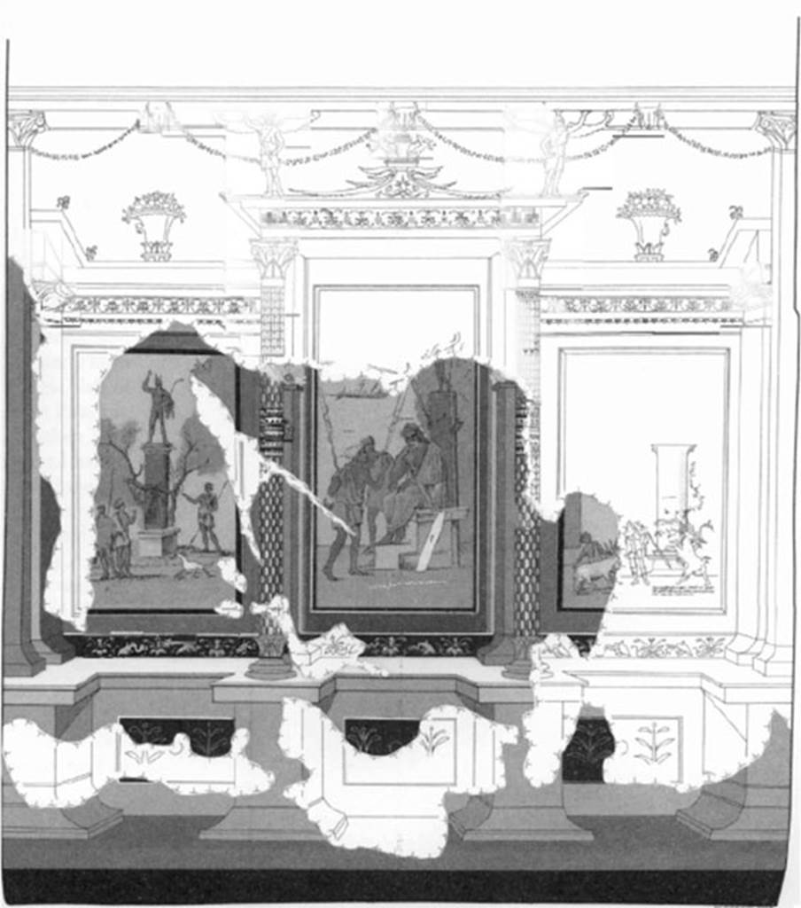 V.1.18 Pompeii. Reconstruction drawing of north wall of exedra “y”.
See Strocka V. M., 1995. Das Bildprogramm des Epigrammzimmers in Pompeji. Abb. 3.
