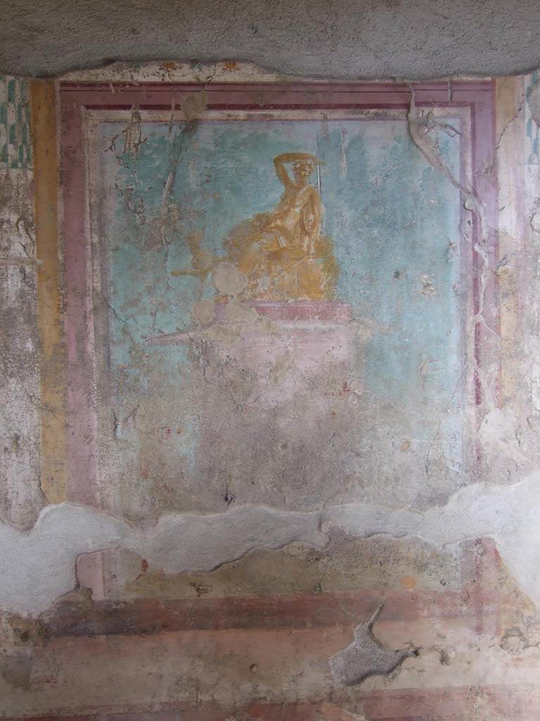 V.1.18 Pompeii. May 2012. Detail from painting in centre of east wall of exedra “y”.
Photo courtesy of Buzz Ferebee. 

