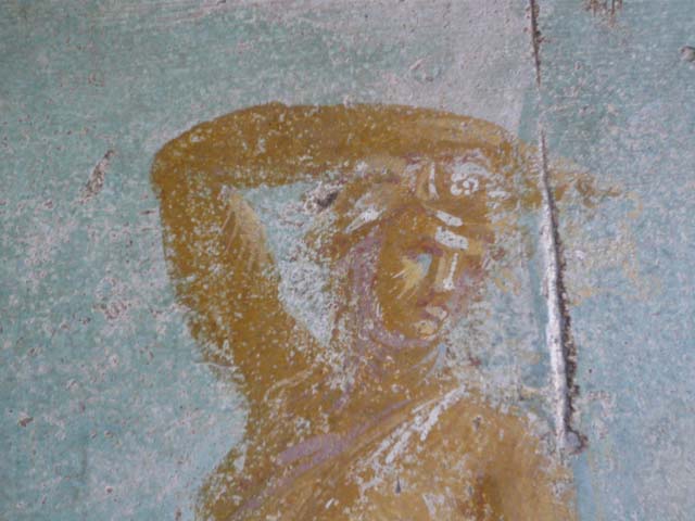 V.1.18 Pompeii.  March 2009.  Exedra on north east side of peristyle.  East wall.  Wall painting of a winged lyre player or muse.  See Winsor Leach, E., 2004.  The Social Life of Painting in Ancient Rome and on the Bay of Naples. Cambridge UK: Cambridge UP. (p.135).