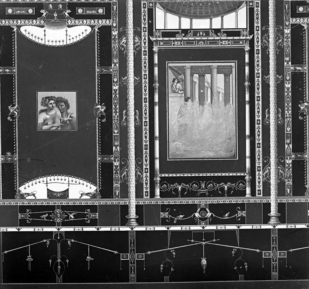 V.1.26 Pompeii. Undated painting by Pierre Gusman. Room 8, detail from east end of south wall of tablinum.
(X. Tablinum de la maison de Jucundus. Troisième style. Les panneaux, ici peints en rouge, sont jaunes dans leurs restes actuels. La couleur rouge a disparu avec le temps (Région V, I. 26).
See Gusman P., 1924. La Décoration Murale de Pompei. Paris : Morancé, pl. X.
