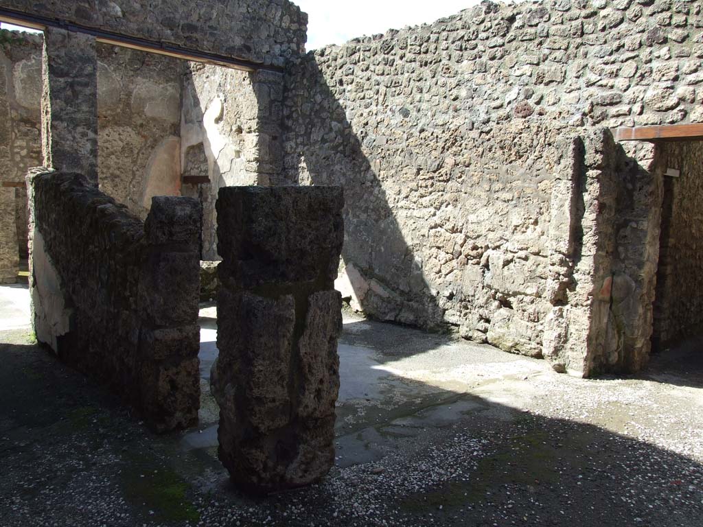 V.1.26 Pompeii. March 2009. 
Room “k”, corridor to atrium, on left, and room “m” in north-west side of portico, in centre, and passageway to V.1.23, on right.

