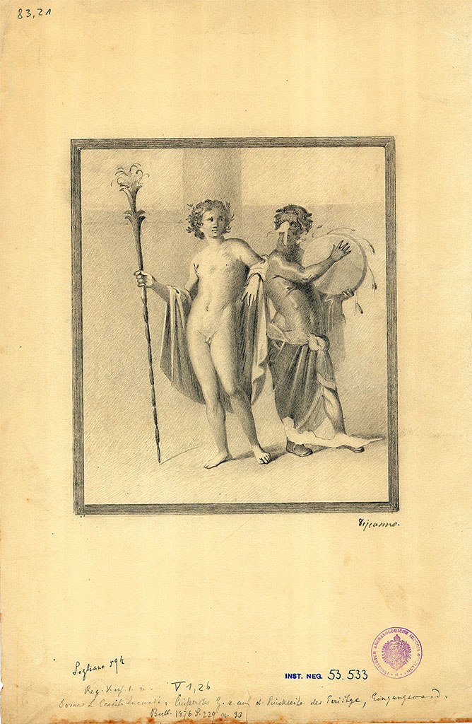 V.1.26 Pompeii. Room 22, north wall. Drawing by G. Discanno of painting of Hermaphrodite and Silenus.
DAIR 83.21. Photo © Deutsches Archäologisches Institut, Abteilung Rom, Arkiv. 
Original painting now in Naples Archaeological Museum. Inventory number 111213.
See Carratelli, G. P., 1990-2003. Pompei: Pitture e Mosaici: Vol. III. Roma: Istituto della enciclopedia italiana, p. 616 and 618, no. 89.
