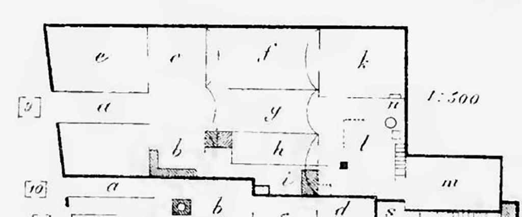 V.2.d Pompeii. Plan from BdI with V.2.d shown as entrance at [9].
See Bullettino dell’Instituto di Corrispondenza Archeologica (DAIR), 1885, page 157.

