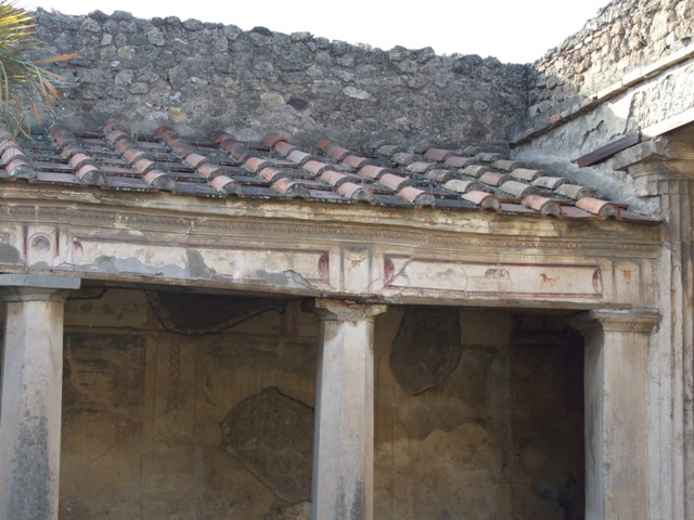 V.2.i Pompeii. 1898. Room 23, peristyle. Watercolour by Luigi Bazzani, showing painted decoration from the peristyle, top and on left.
On the right are decorations from cubiculum “a”.
Photo © Victoria and Albert Museum, inventory number E.6259-1910.
