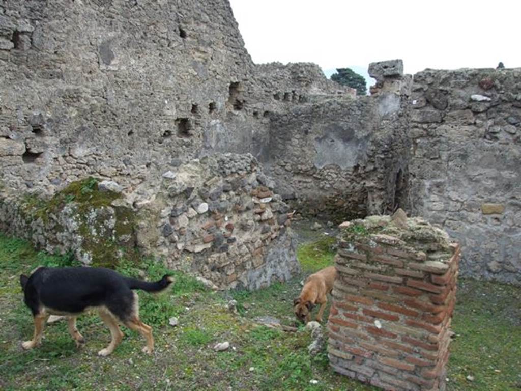 V.3.8 Pompeii.  December 2007.  Looking south from garden (a) towards remains of narrow room on the east side of the andron.  