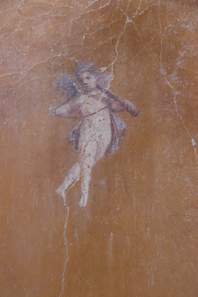 V.3 Pompeii. Casa del Giardino. September 2021. 
Room 3, east wall, north (left) end, painting of a cupid. Photo courtesy of Klaus Heese.
