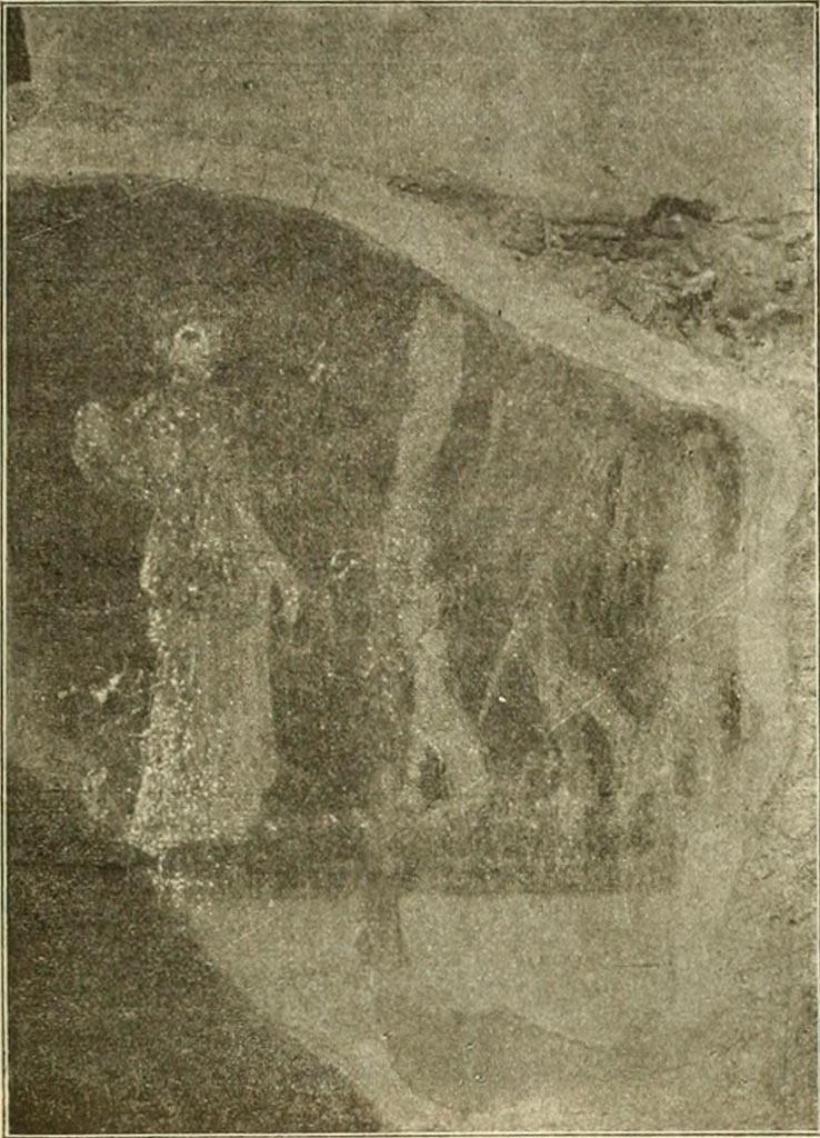 V.4.6 Pompeii. Painting of Mercury. The background was red. Mercury was nude, carrying his green cloak with winged helmet and shoes. In his right hand he held his purse and his staff in his left hand. See Notizie degli Scavi di Antichità, 1899, p. 343, fig 4.